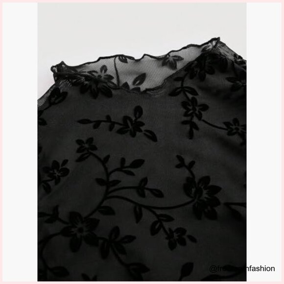 Mesh Crop Top with Bell Sleeves Floral Print Slim Fit Summer Tee - Picture 3 of 5